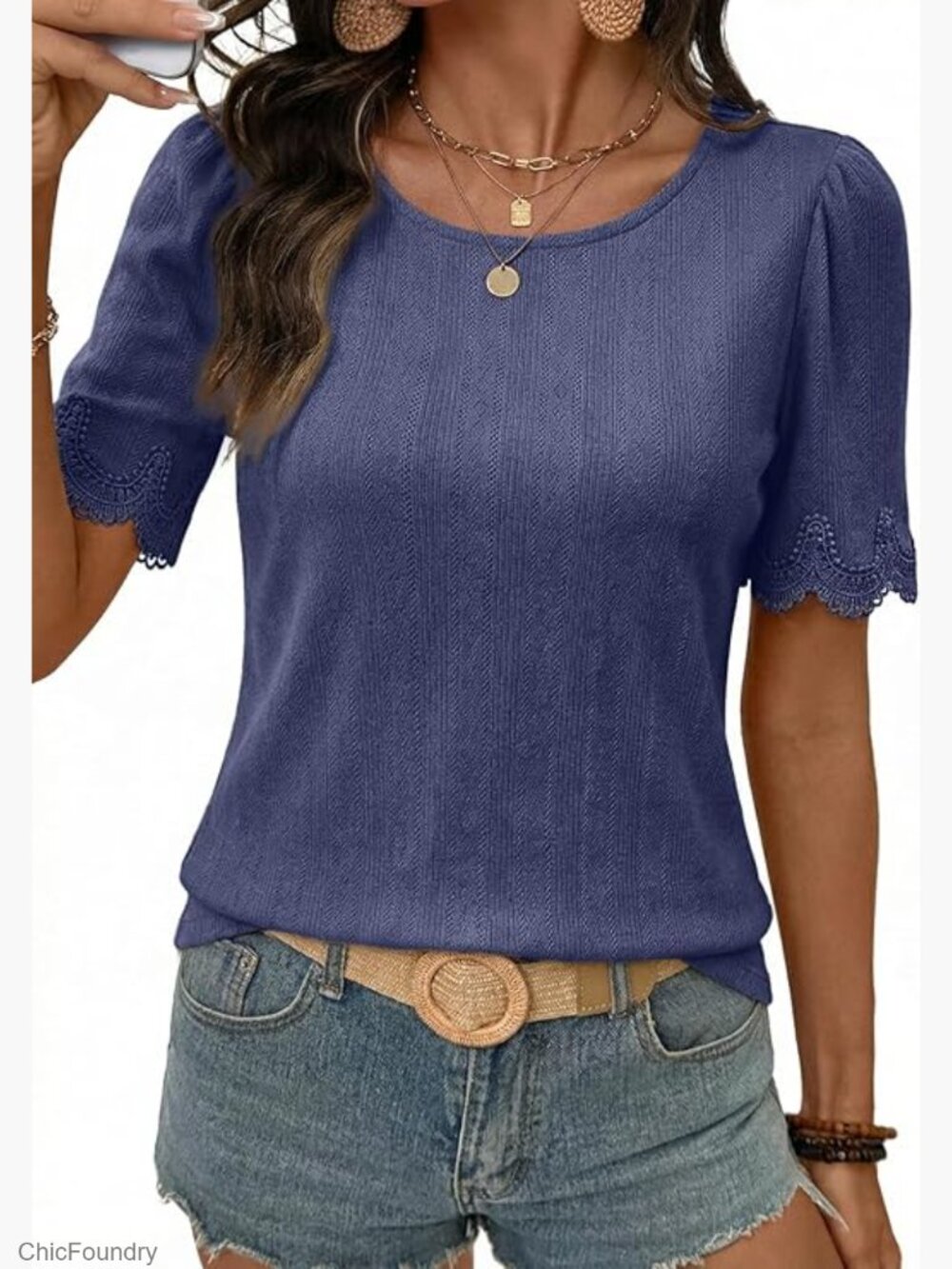 Hollow Out Lace Trim Short Sleeve Tee Lightweight Knit Casual Top